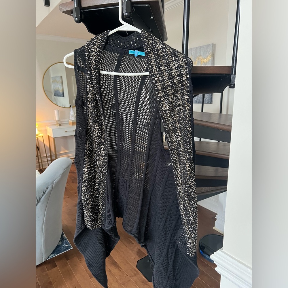 Alice & Olivia Beaded Sleeveless Cardigan Open Front Sequins Hi Lo Black M 0705